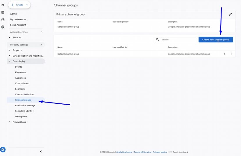 Listado de grupos sobre Default Channel Group. Destacar opción Copiar para crear uno nuevo