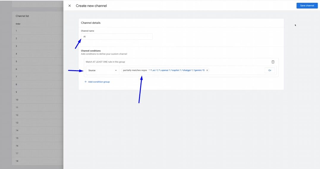 Formulario del canal Ai. Destacar: Selector Fuente, partial matches regular expression y la Regex pegada